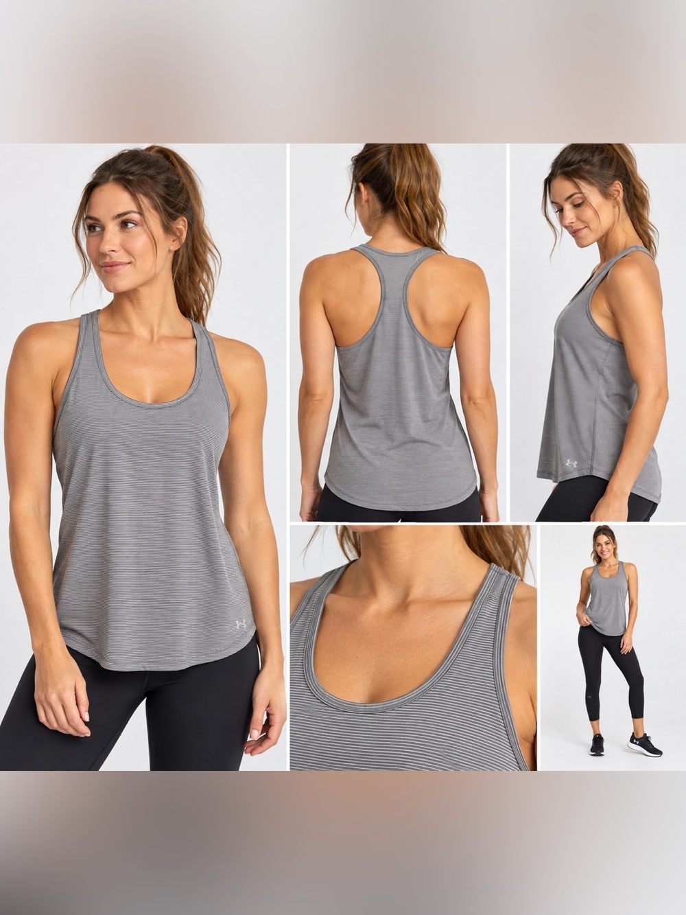 Under Armour Woman’s Size Large Gray Striped Racerback Running Workout Yoga Top